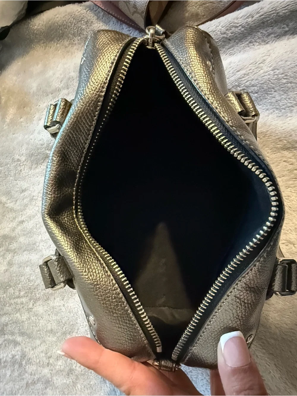 Coach Metallic Pewter Leather Satchel with Crossbody Strap